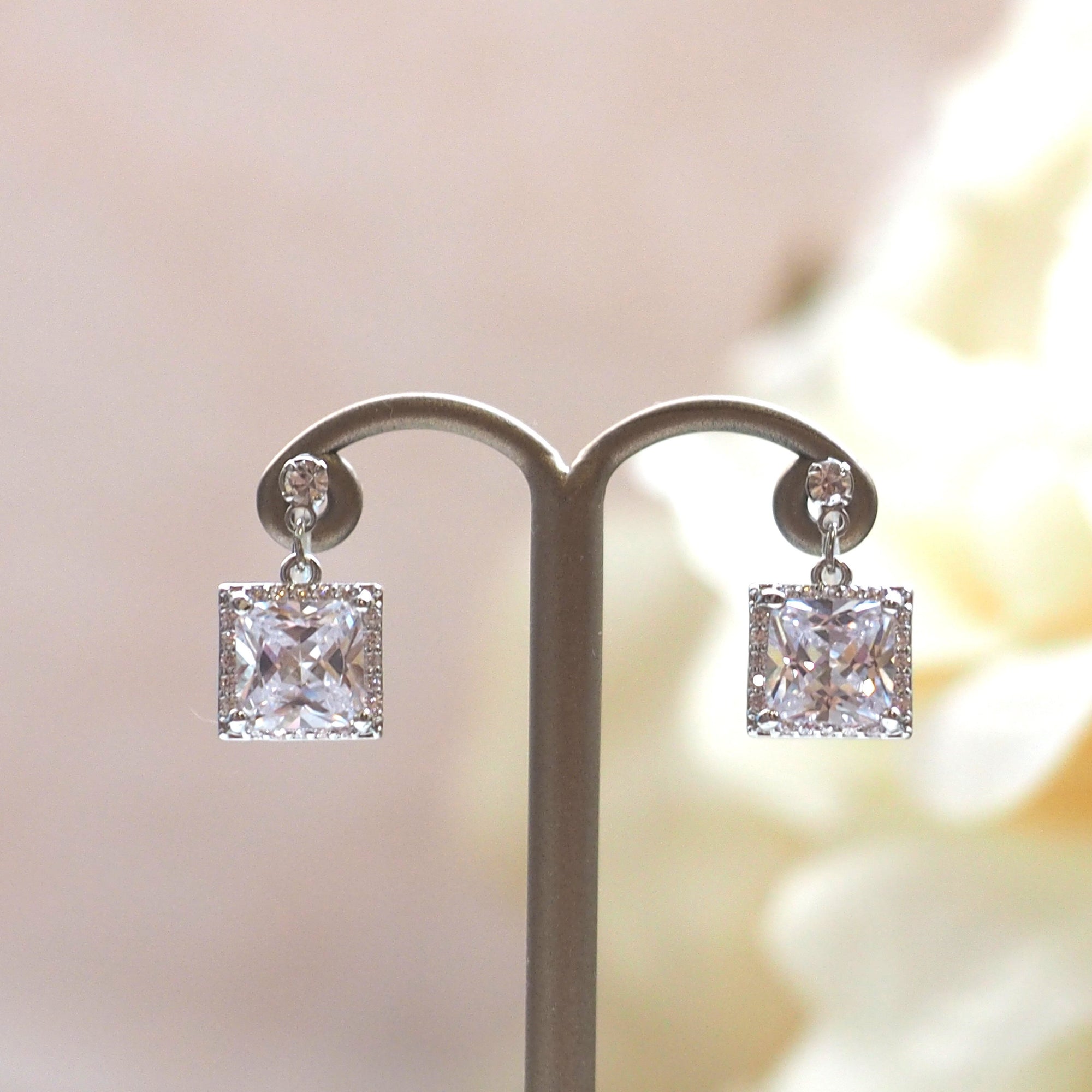 Bridal square cubic zirconia invisible clip on earrings ( silver tone ) - miyabigracejewelry.com