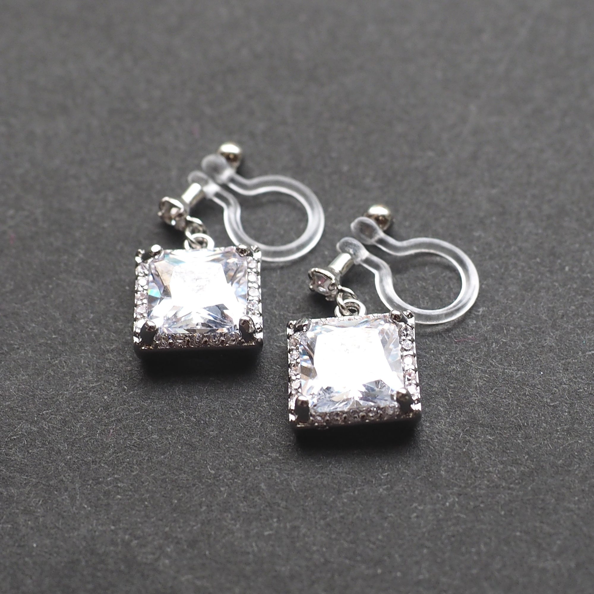 Bridal square cubic zirconia invisible clip on earrings ( silver tone ) - miyabigracejewelry.com