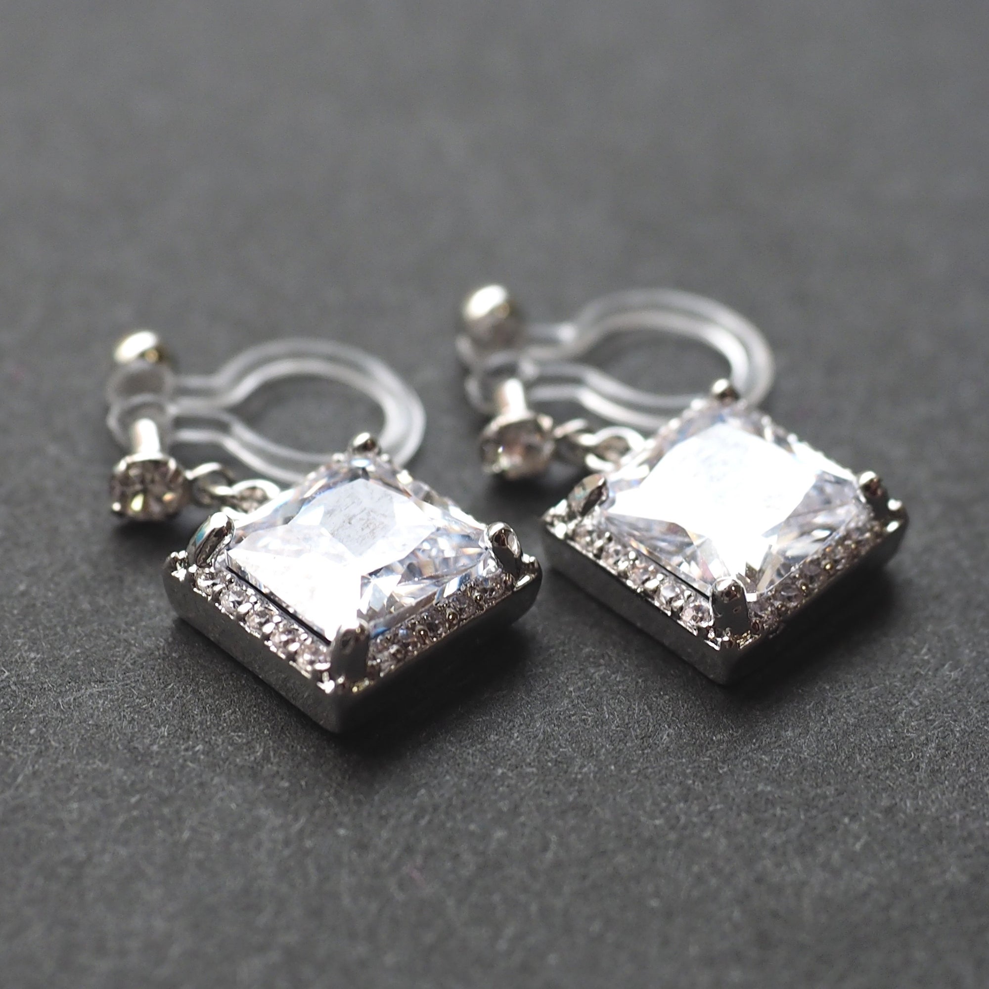 Bridal square cubic zirconia invisible clip on earrings ( silver tone ) - miyabigracejewelry.com