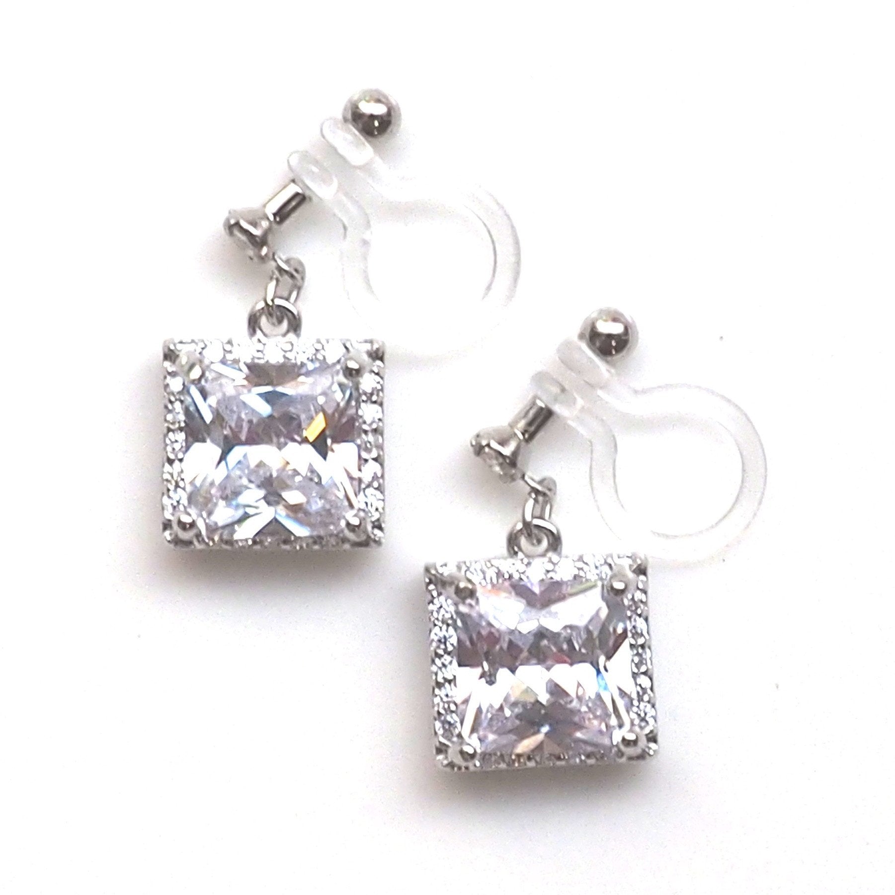 Bridal square cubic zirconia invisible clip on earrings ( silver tone ) - miyabigracejewelry.com