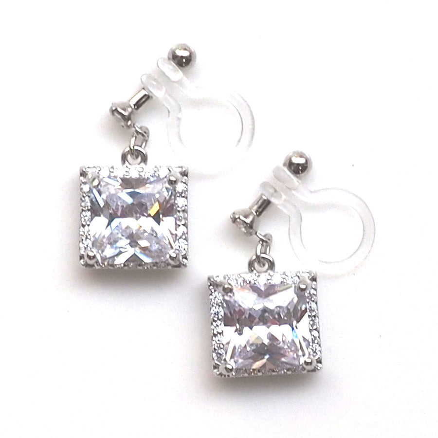 Bridal square cubic zirconia invisible clip on earrings ( silver tone ) - miyabigracejewelry.com
